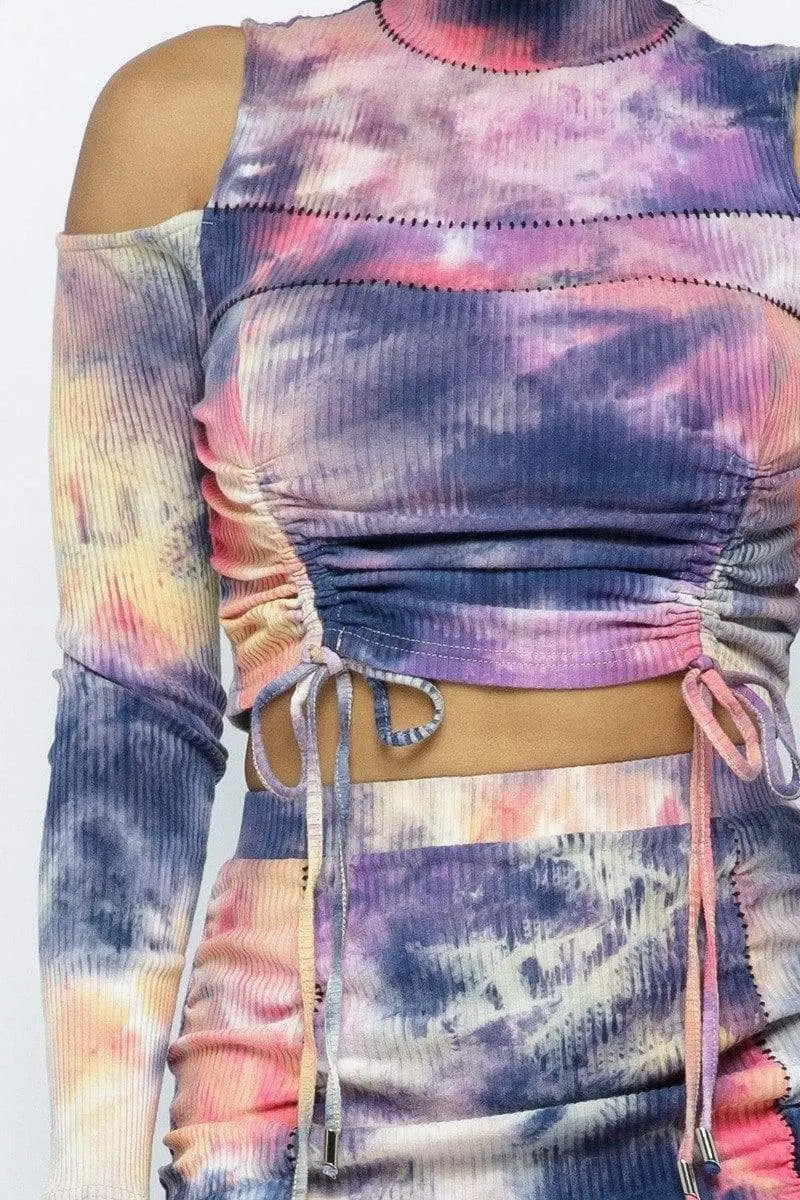 Tie-Dye Open Shoulder Long Sleeve Top And Matching Skirt with Ruching Details Blue Zone Planet