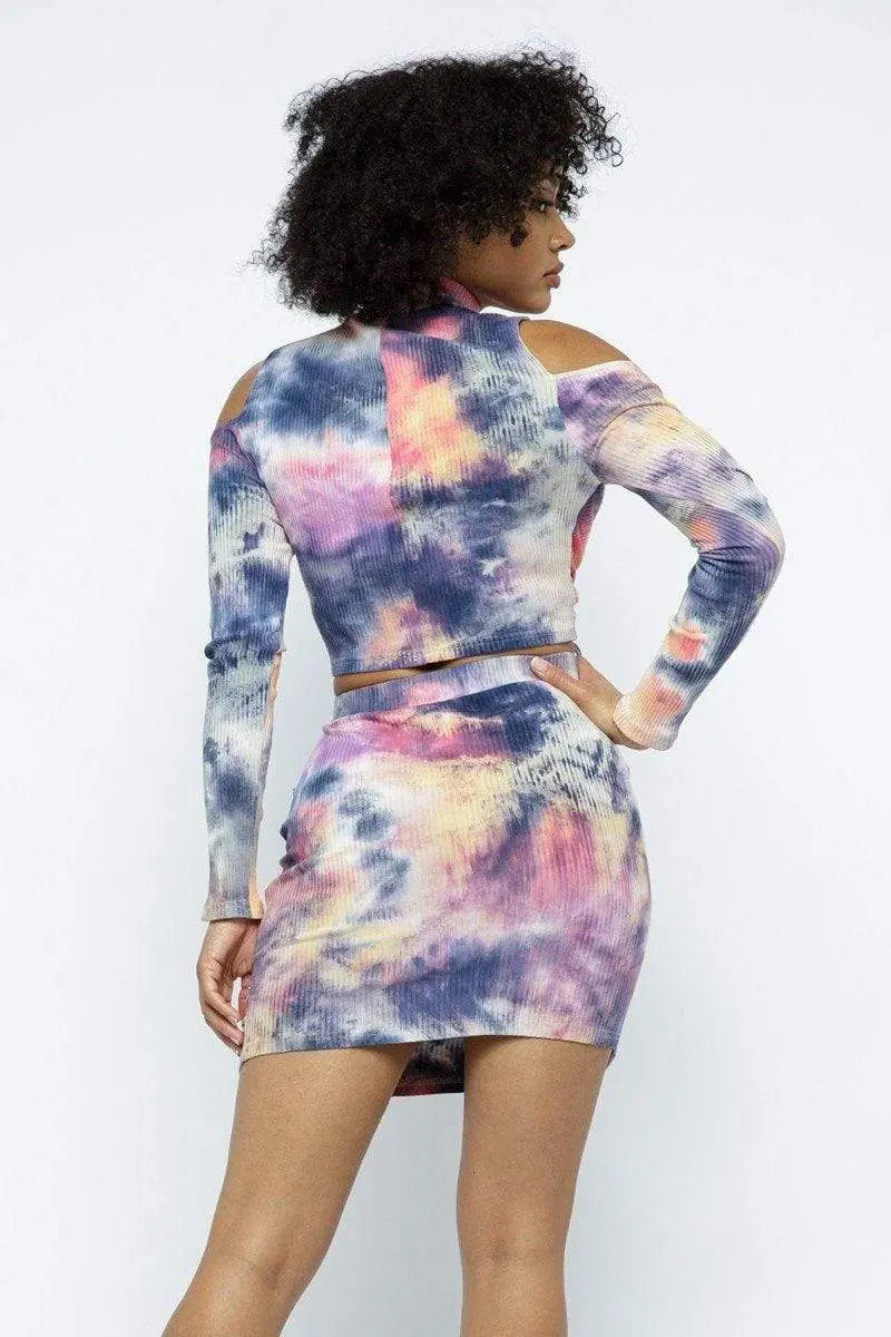 Tie-Dye Open Shoulder Long Sleeve Top And Matching Skirt with Ruching Details Blue Zone Planet