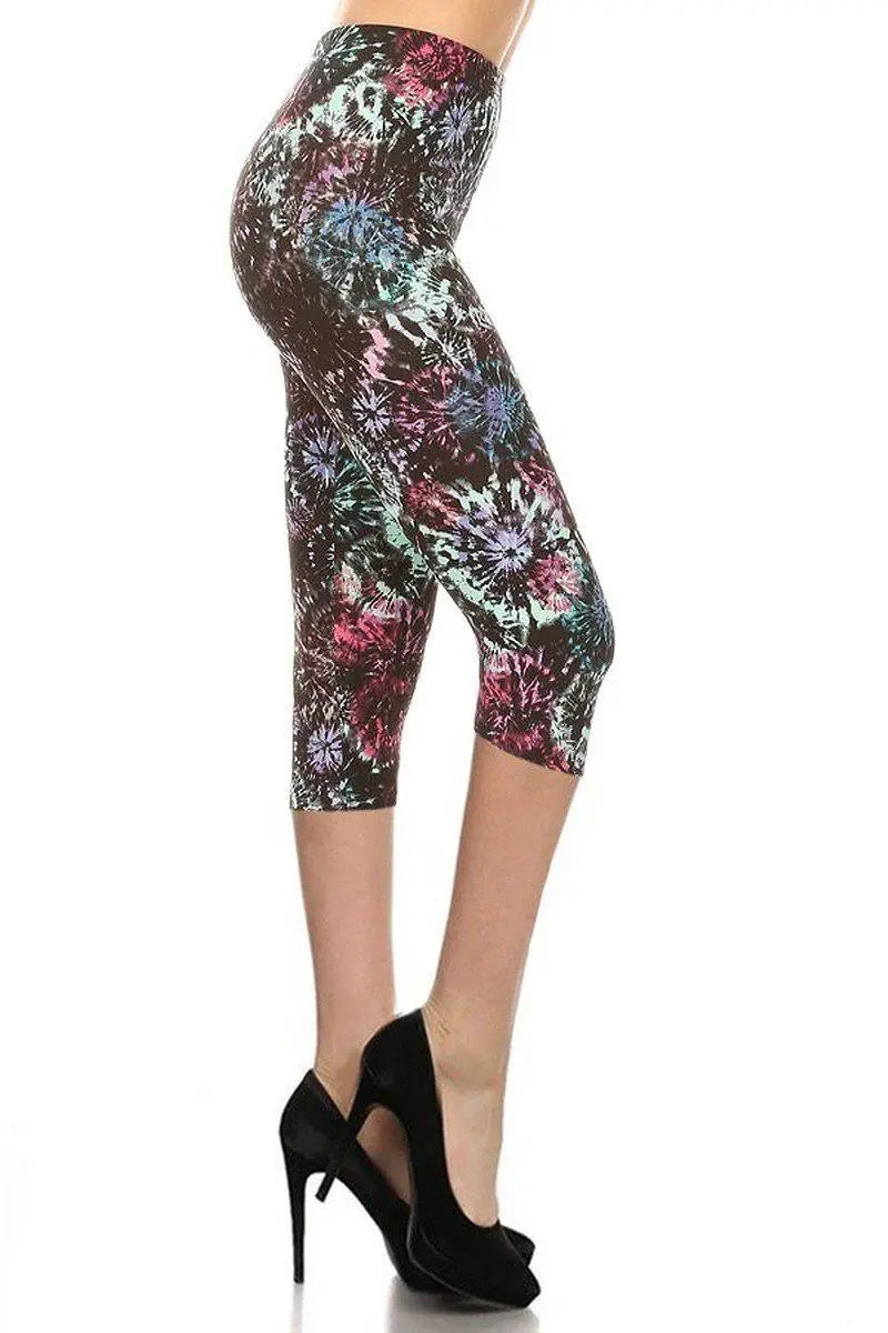 Tie-Dye Printed High Waisted Capri Leggings With Elastic Waistband Blue Zone Planet
