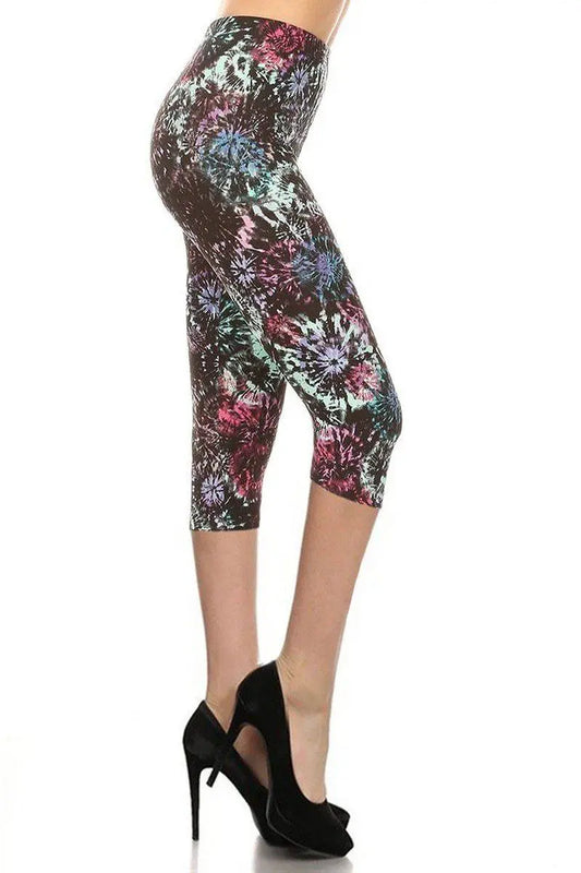 Tie-Dye Printed High Waisted Capri Leggings With Elastic Waistband Blue Zone Planet