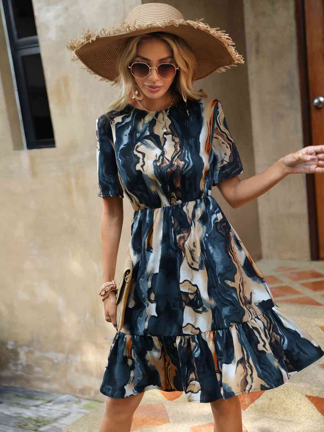 Tie-Dye Round Neck Ruffle Hem Dress BLUE ZONE PLANET