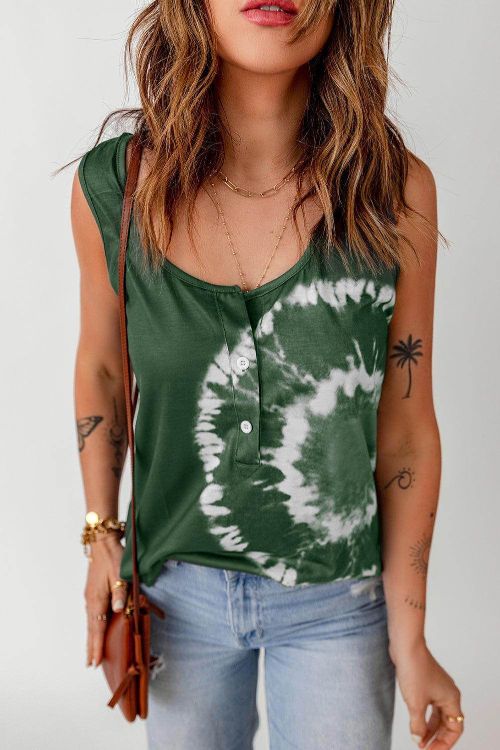 Tie-Dye Scoop Neck Henley Tank BLUE ZONE PLANET