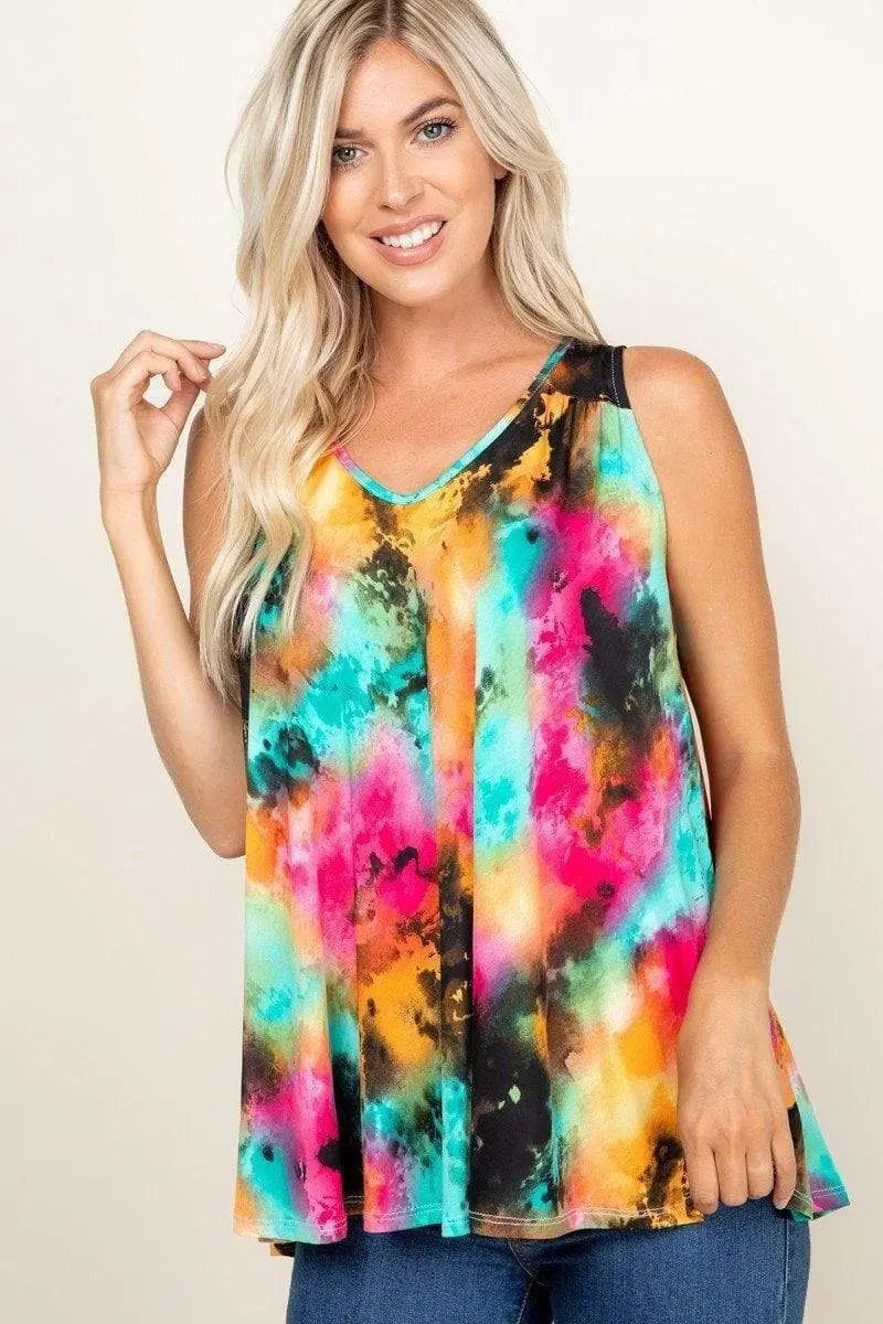 Tie-Dye Sleeveless V-Neck Swing Tunic Top Blue Zone Planet