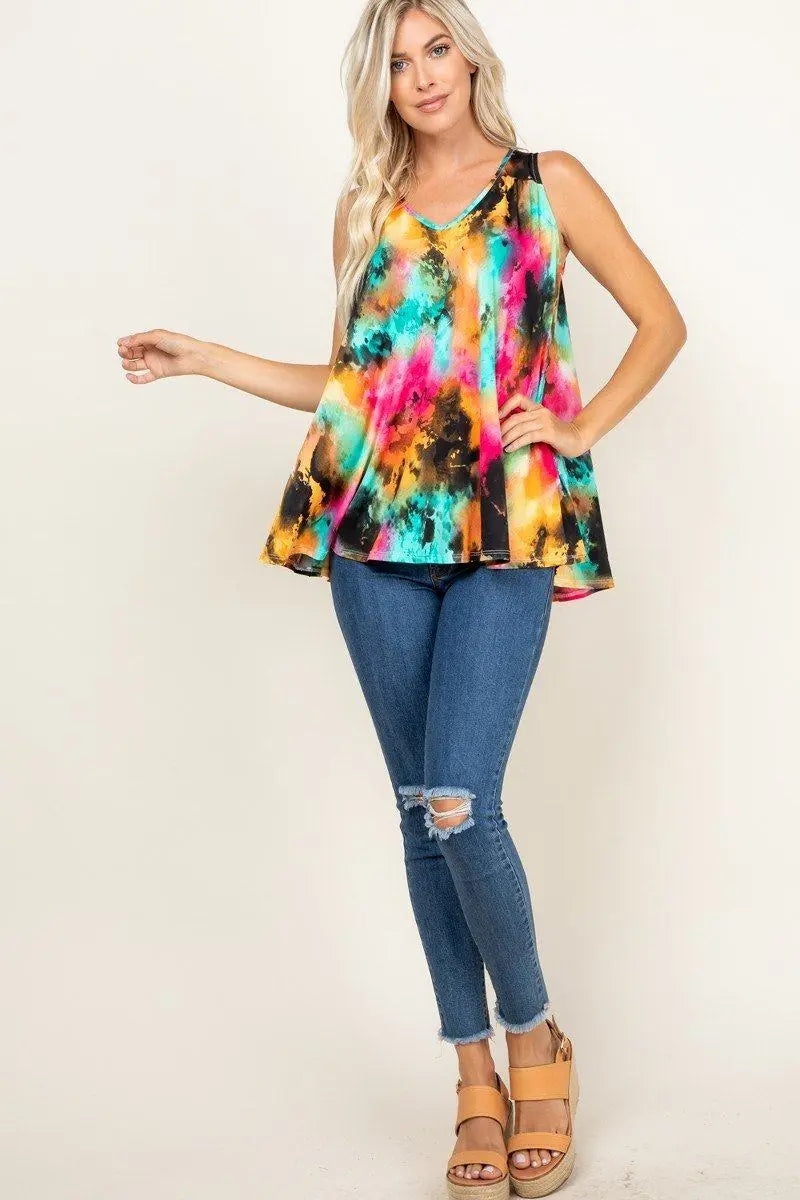 Tie-Dye Sleeveless V-Neck Swing Tunic Top Blue Zone Planet