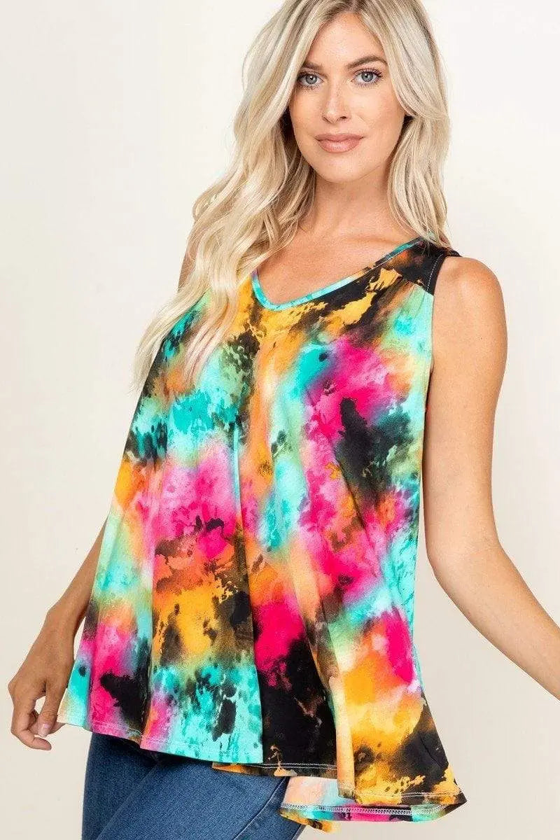 Tie-Dye Sleeveless V-Neck Swing Tunic Top Blue Zone Planet