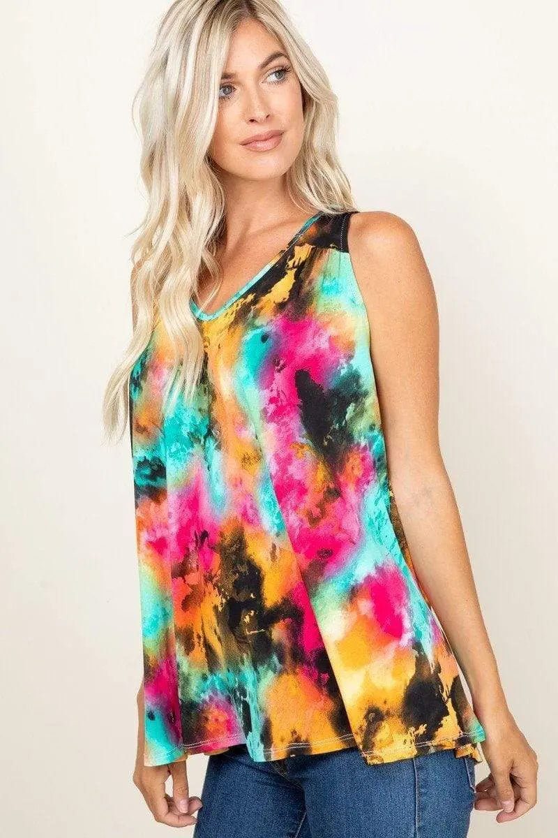 Tie-Dye Sleeveless V-Neck Swing Tunic Top Blue Zone Planet