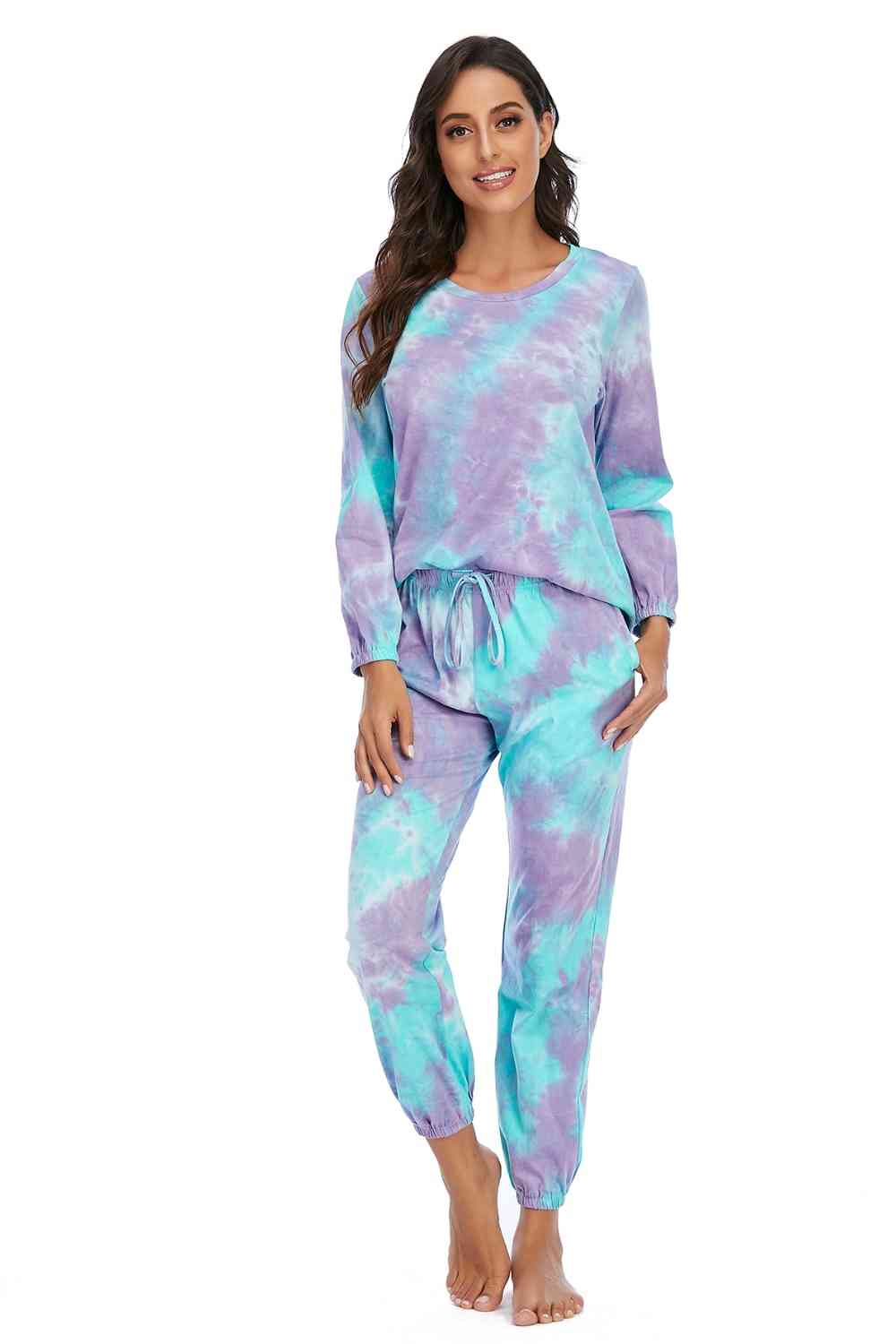 Tie-Dye Top and Drawstring Pants Lounge Set BLUE ZONE PLANET