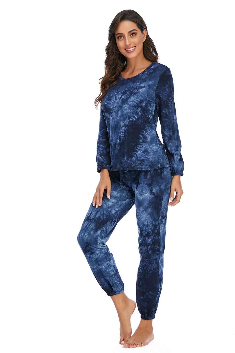 Tie-Dye Top and Drawstring Pants Lounge Set BLUE ZONE PLANET