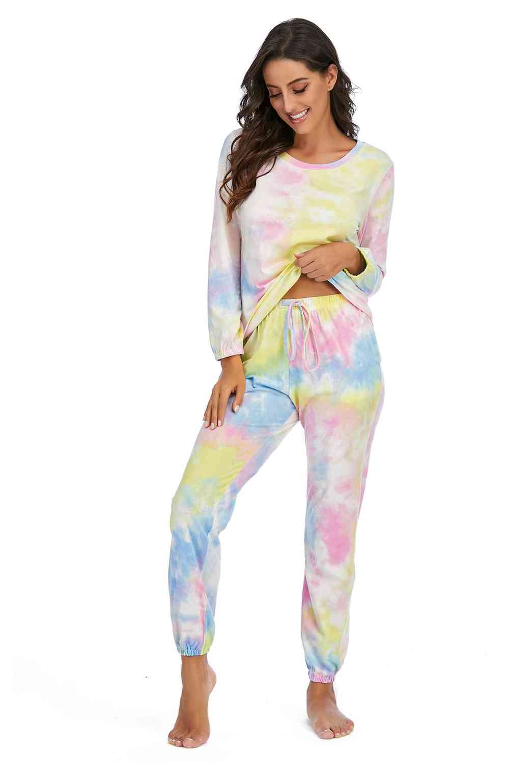 Tie-Dye Top and Drawstring Pants Lounge Set BLUE ZONE PLANET