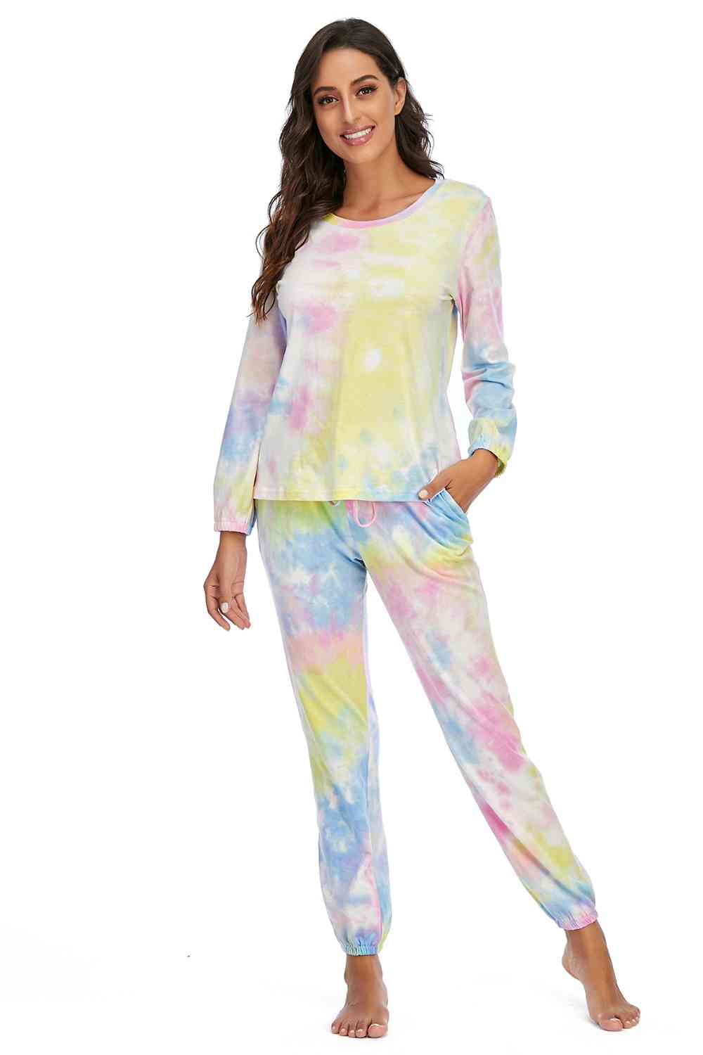 Tie-Dye Top and Drawstring Pants Lounge Set BLUE ZONE PLANET