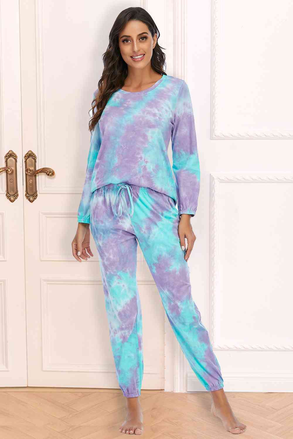 Tie-Dye Top and Drawstring Pants Lounge Set BLUE ZONE PLANET