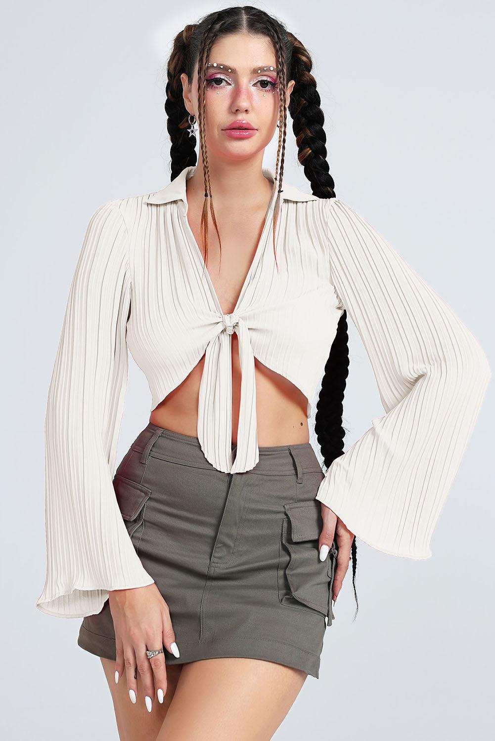 Tie Front Johnny Collar Flare Sleeve Cropped Top BLUE ZONE PLANET