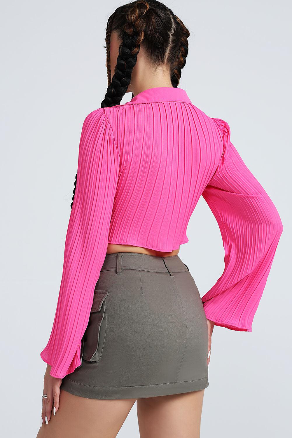 Tie Front Johnny Collar Flare Sleeve Cropped Top BLUE ZONE PLANET
