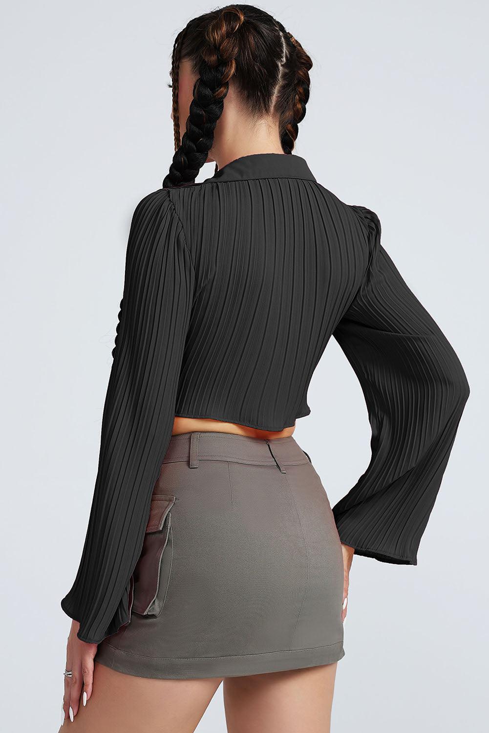 Tie Front Johnny Collar Flare Sleeve Cropped Top BLUE ZONE PLANET