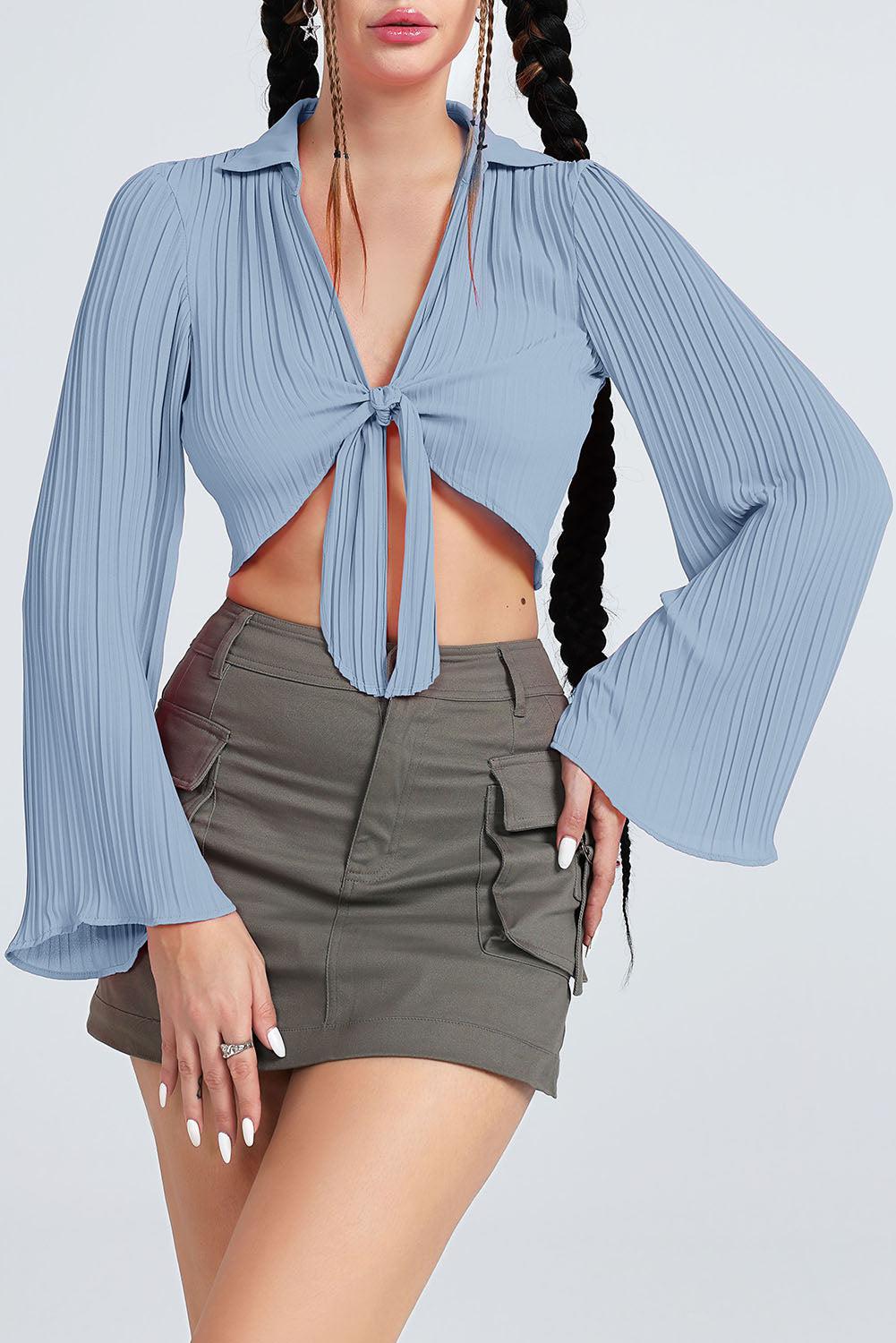 Tie Front Johnny Collar Flare Sleeve Cropped Top BLUE ZONE PLANET