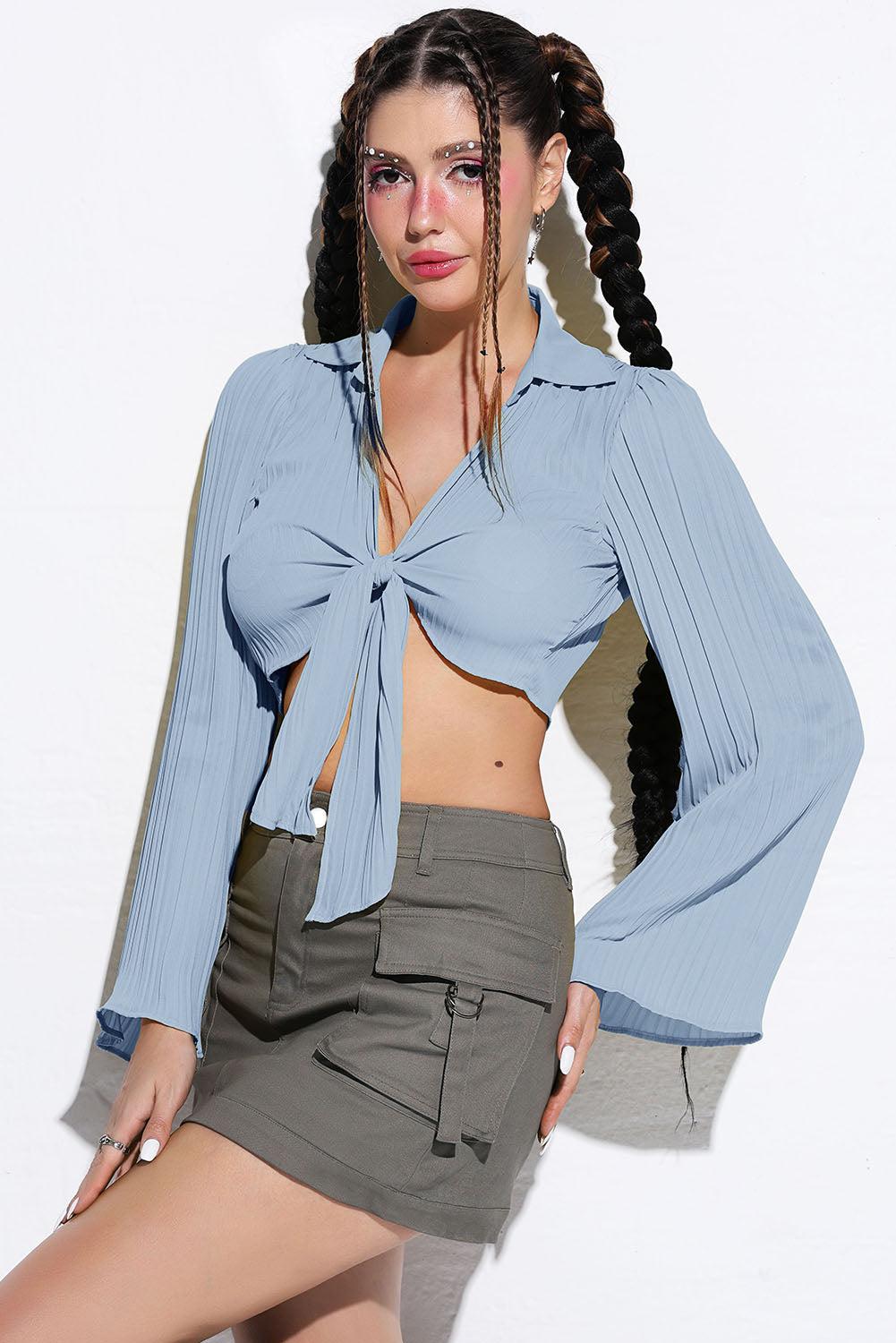 Tie Front Johnny Collar Flare Sleeve Cropped Top BLUE ZONE PLANET