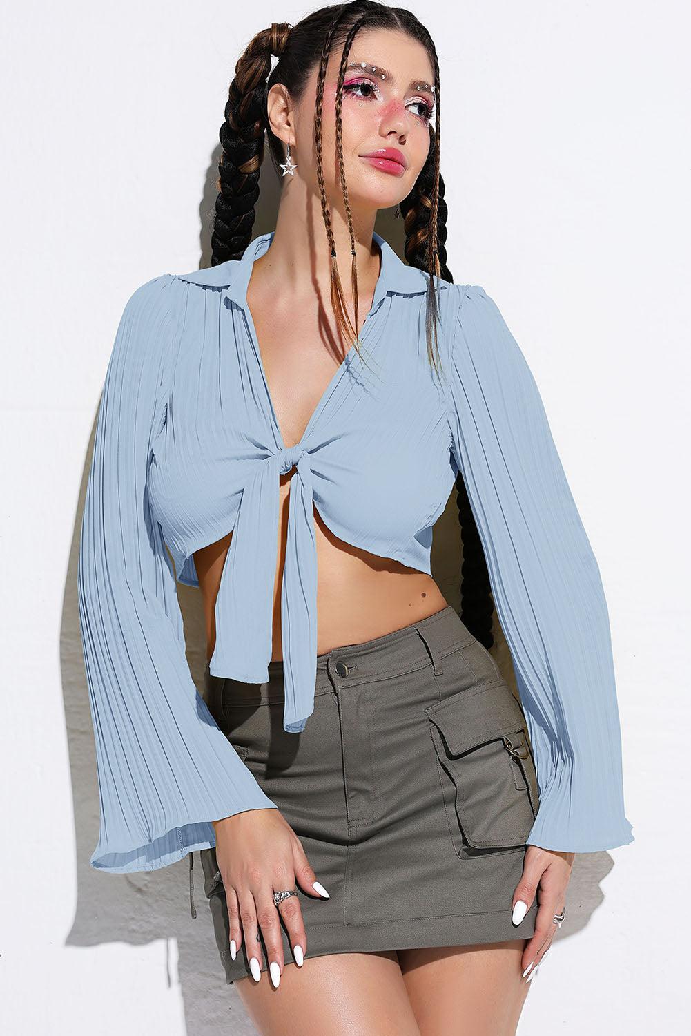 Tie Front Johnny Collar Flare Sleeve Cropped Top BLUE ZONE PLANET
