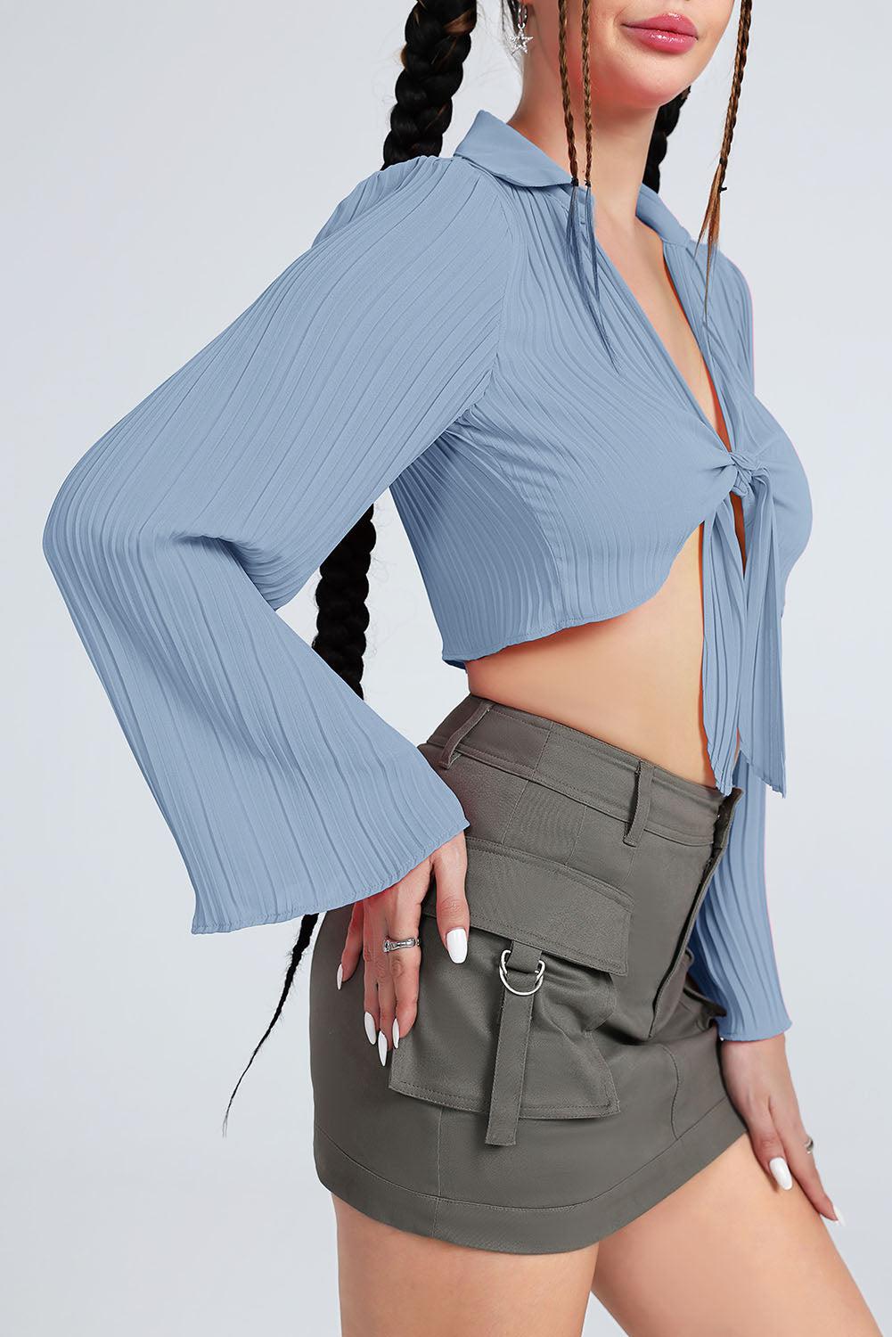 Tie Front Johnny Collar Flare Sleeve Cropped Top BLUE ZONE PLANET