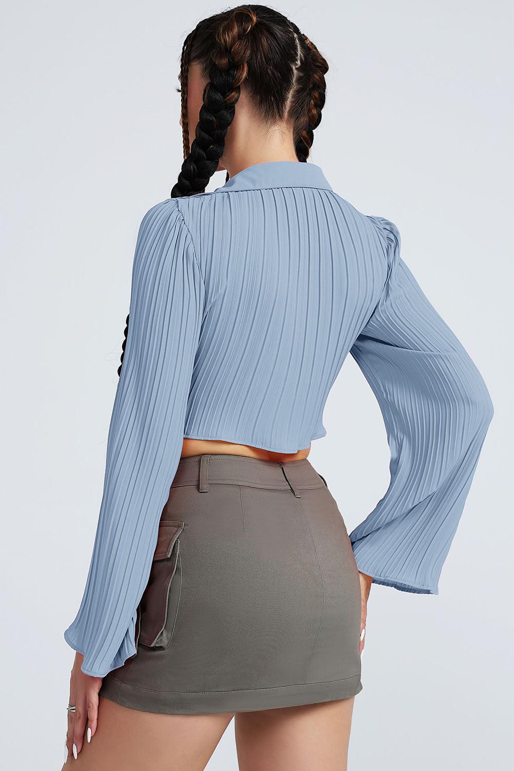 Tie Front Johnny Collar Flare Sleeve Cropped Top BLUE ZONE PLANET