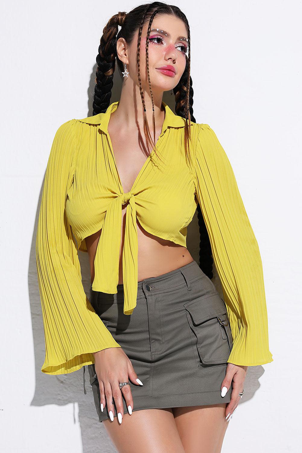 Tie Front Johnny Collar Flare Sleeve Cropped Top BLUE ZONE PLANET