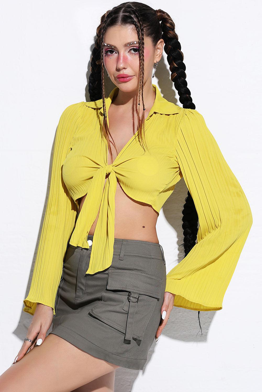 Tie Front Johnny Collar Flare Sleeve Cropped Top BLUE ZONE PLANET