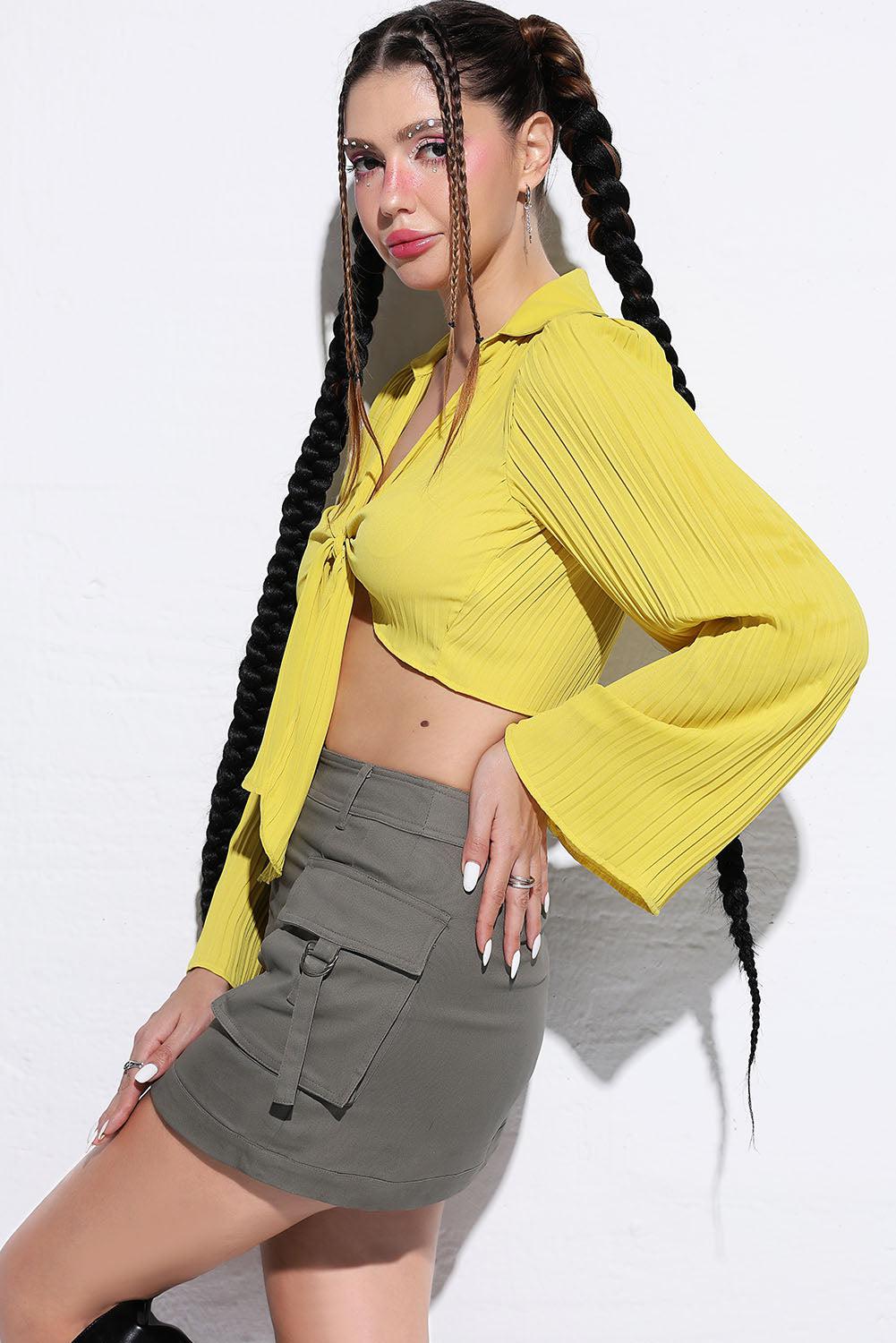 Tie Front Johnny Collar Flare Sleeve Cropped Top BLUE ZONE PLANET