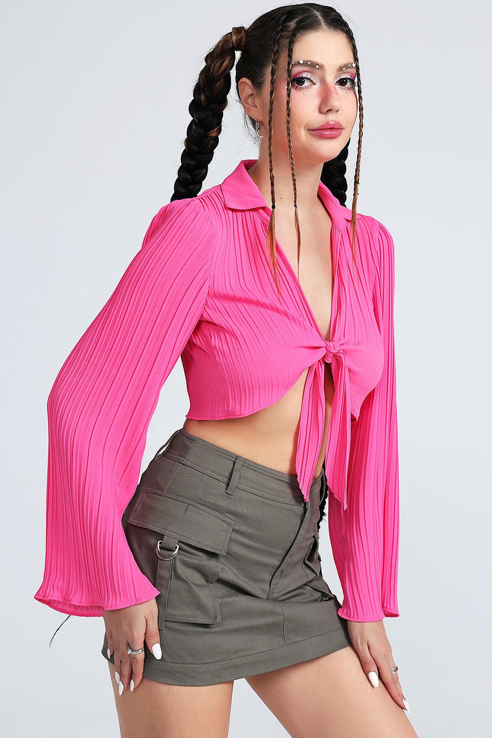 Tie Front Johnny Collar Flare Sleeve Cropped Top BLUE ZONE PLANET