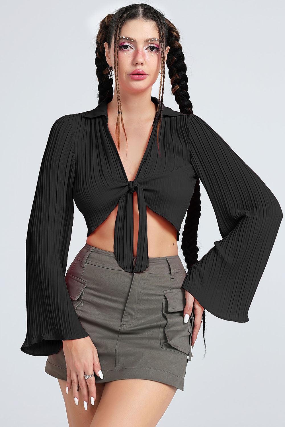 Tie Front Johnny Collar Flare Sleeve Cropped Top BLUE ZONE PLANET
