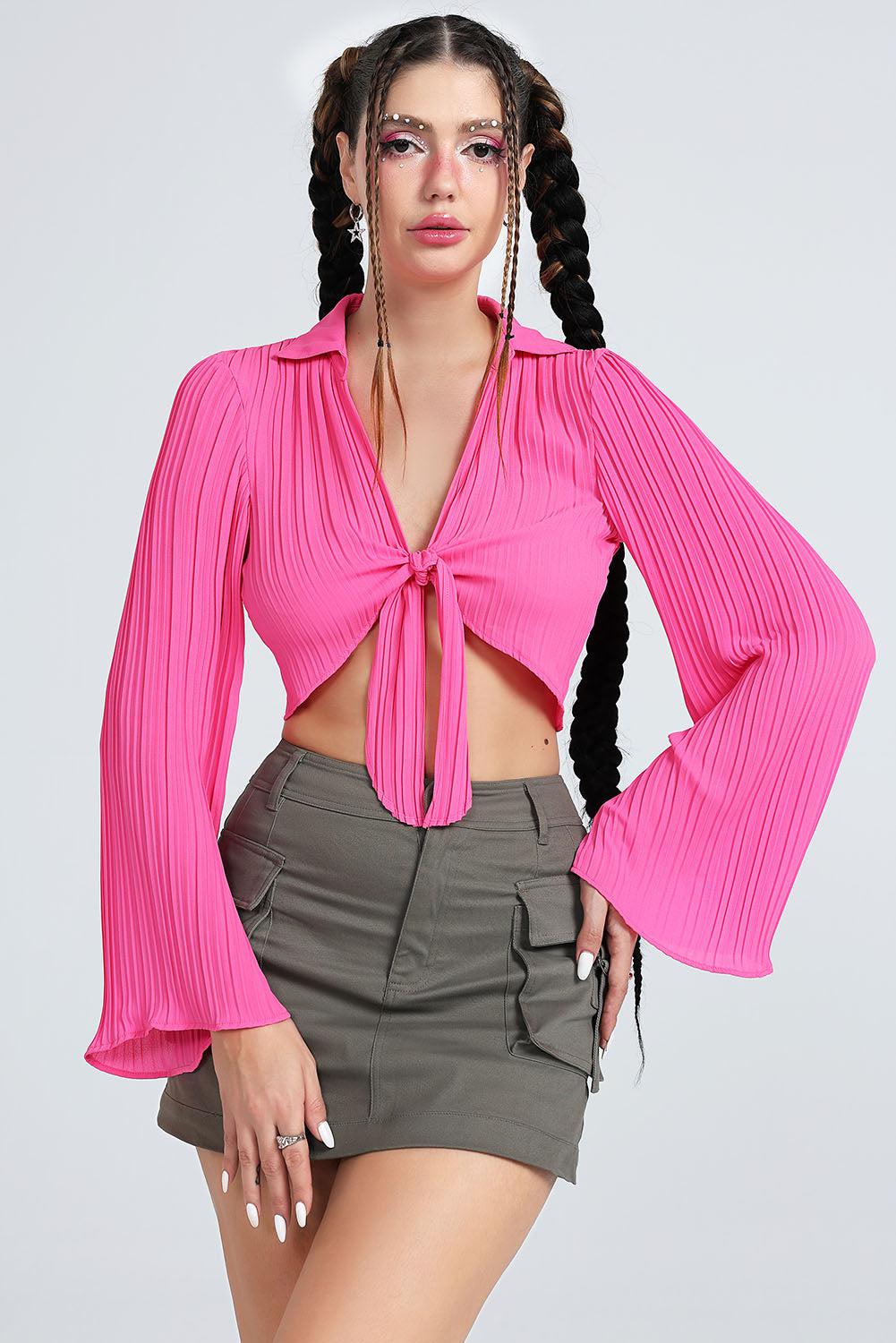 Tie Front Johnny Collar Flare Sleeve Cropped Top BLUE ZONE PLANET