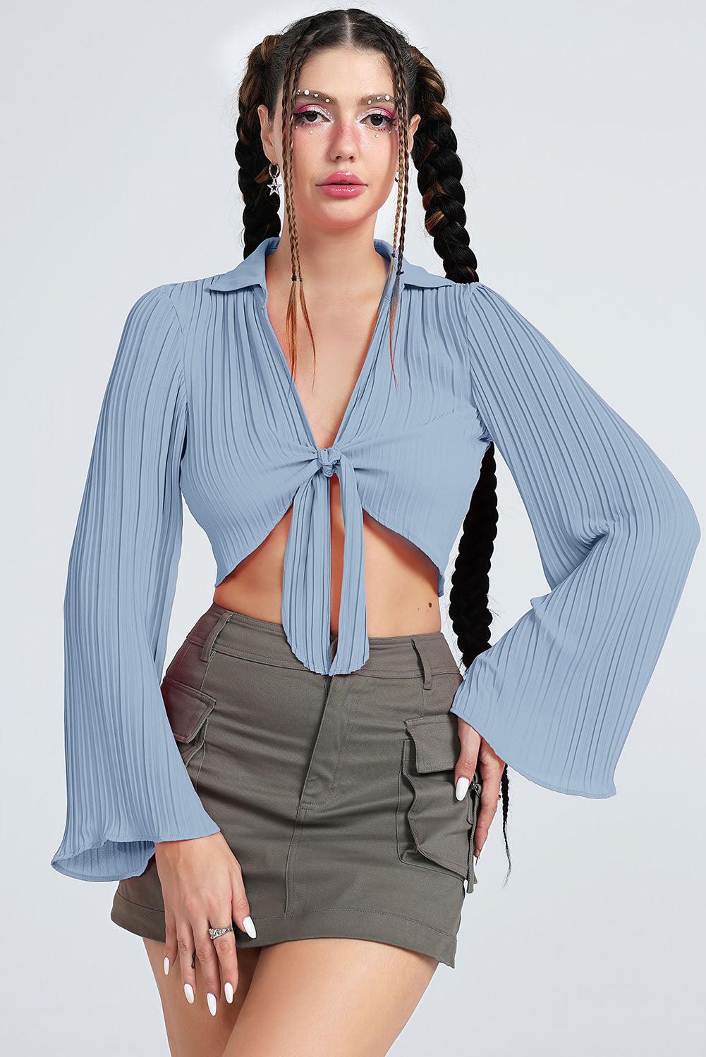 Tie Front Johnny Collar Flare Sleeve Cropped Top BLUE ZONE PLANET