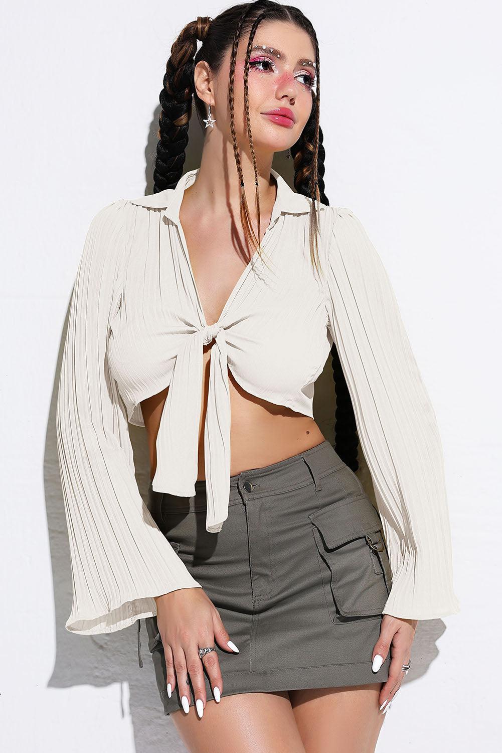 Tie Front Johnny Collar Flare Sleeve Cropped Top BLUE ZONE PLANET