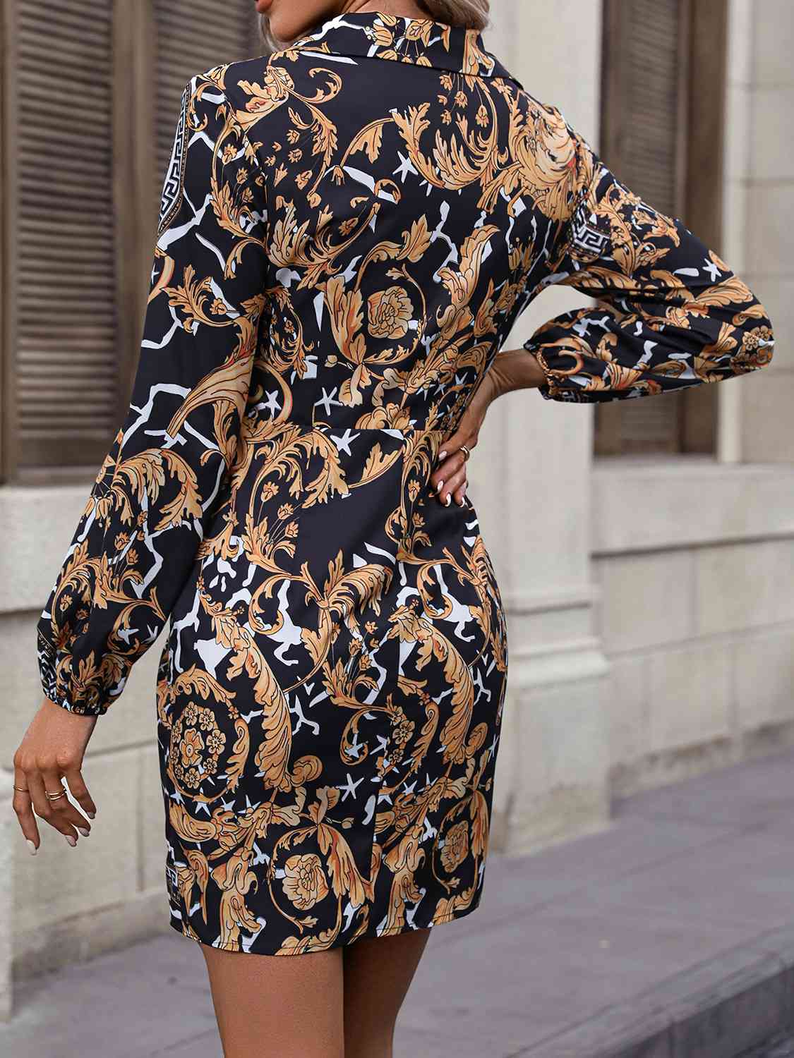 Tie Front Printed Collared Neck Shirt Dress BLUE ZONE PLANET