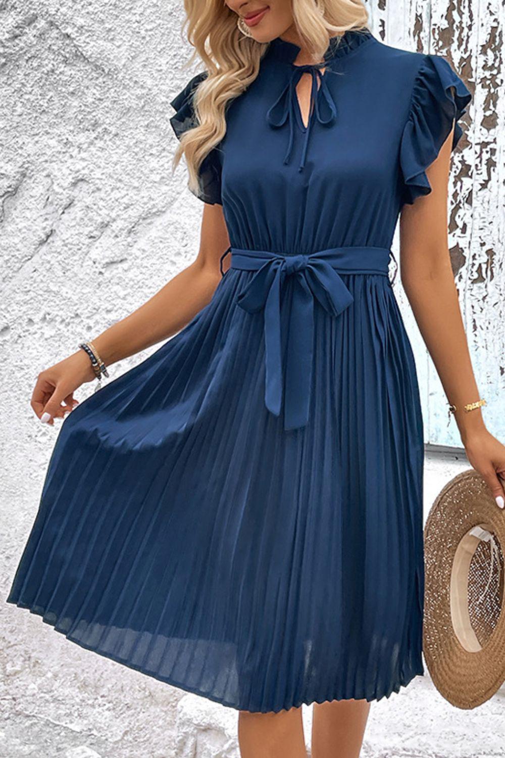 Tie Neck Belted Pleated Dress BLUE ZONE PLANET