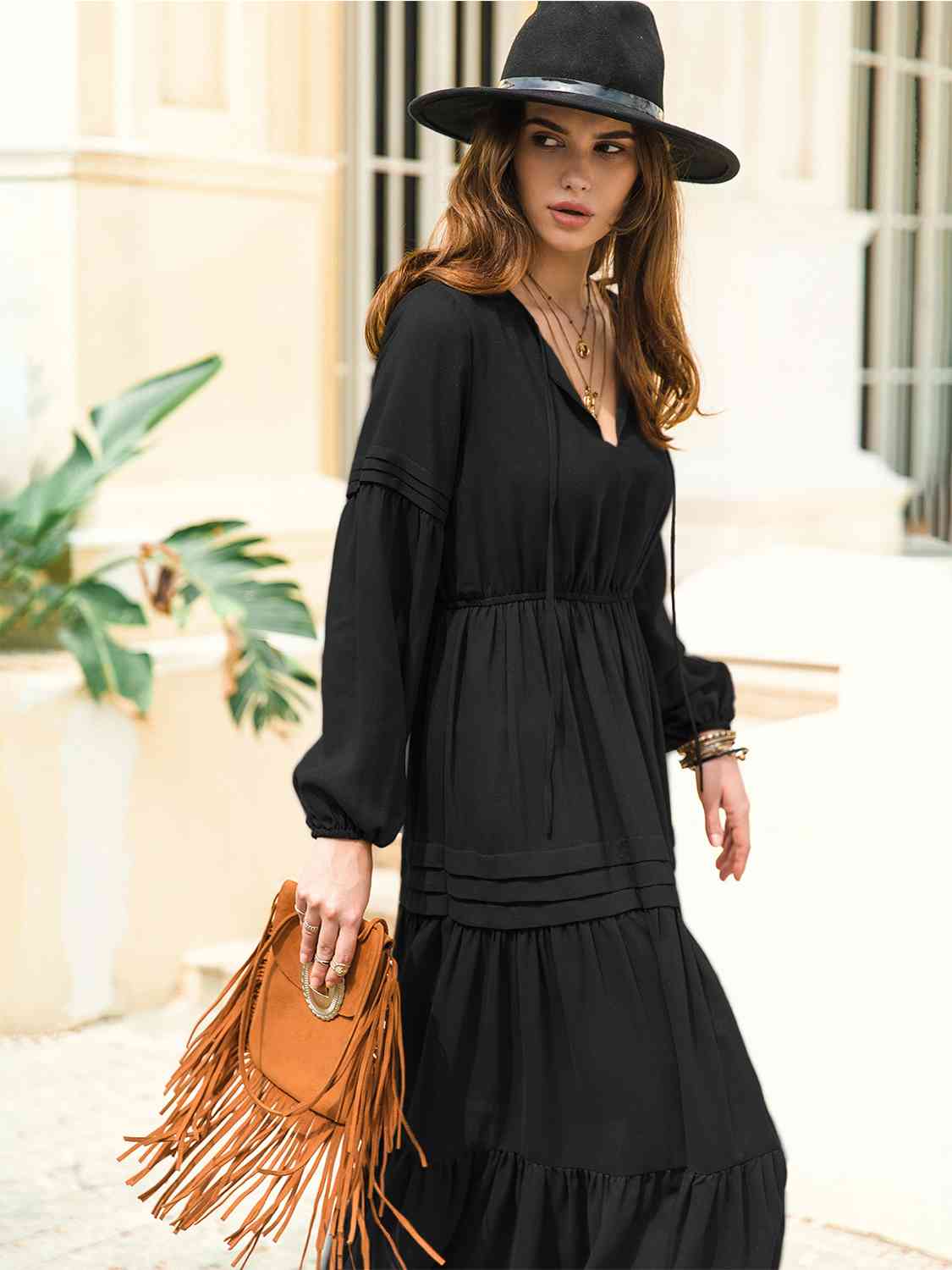 Tie Neck Long Sleeve Midi Tiered Dress BLUE ZONE PLANET