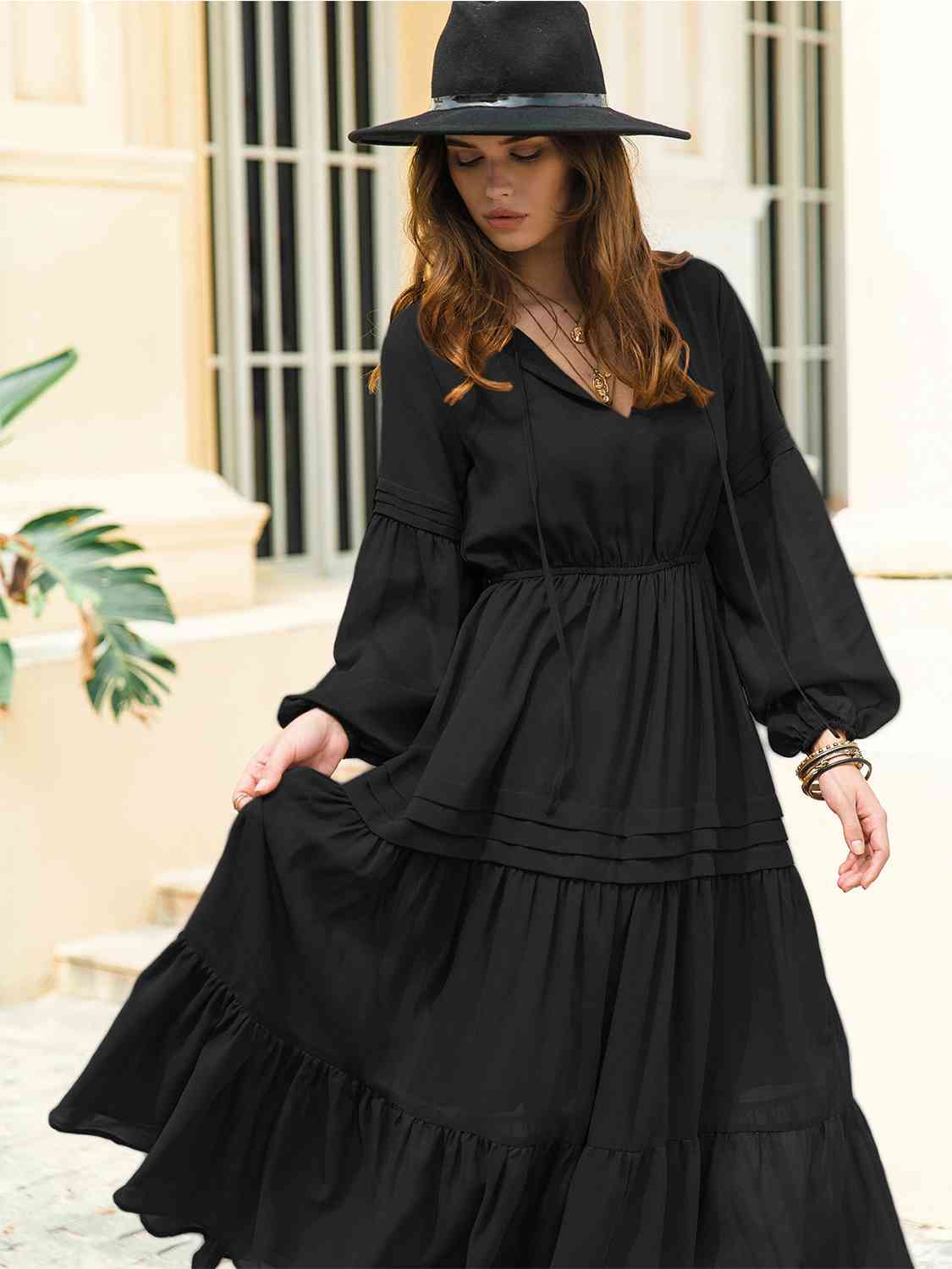 Tie Neck Long Sleeve Midi Tiered Dress BLUE ZONE PLANET