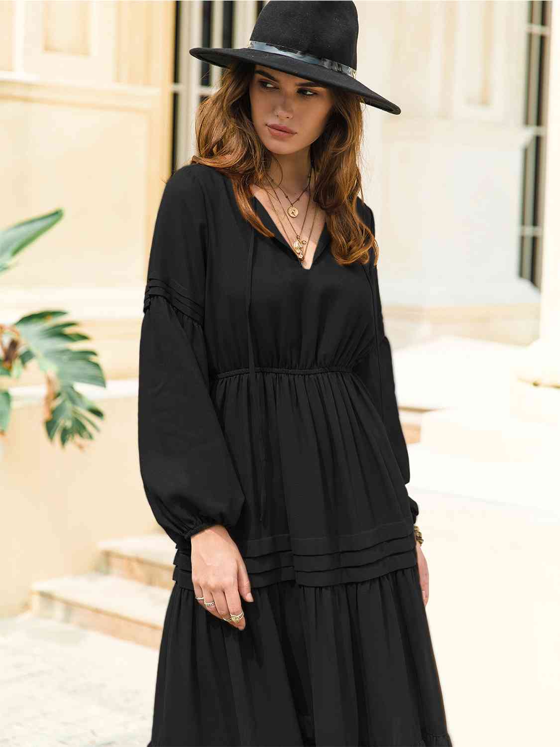 Tie Neck Long Sleeve Midi Tiered Dress BLUE ZONE PLANET