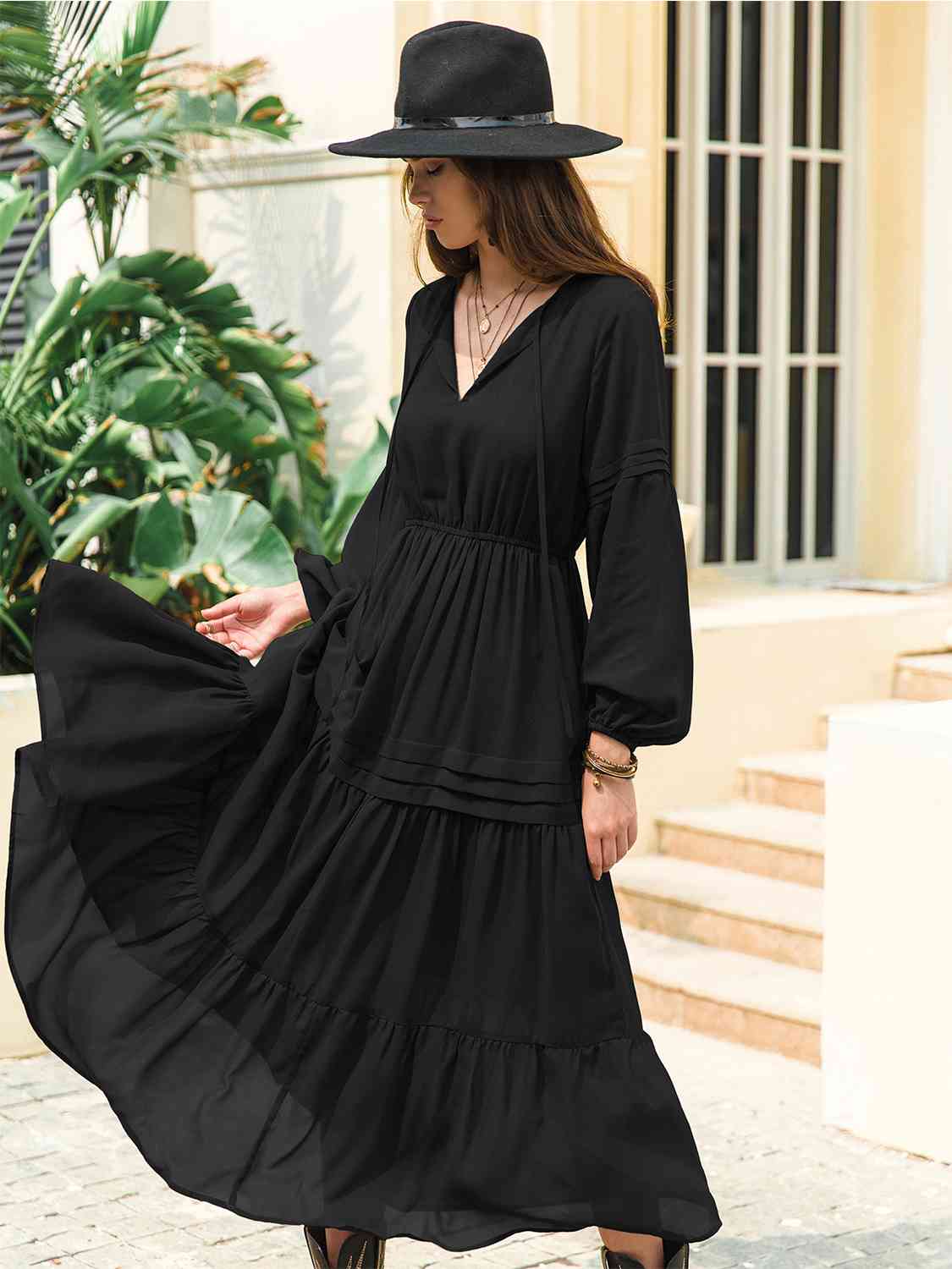 Tie Neck Long Sleeve Midi Tiered Dress BLUE ZONE PLANET