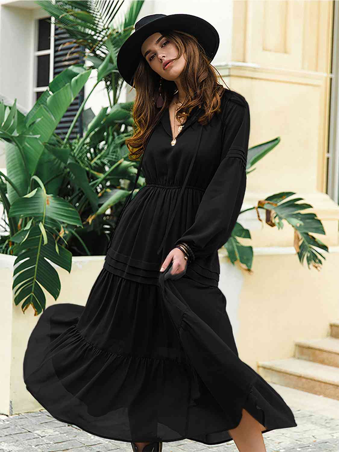 Tie Neck Long Sleeve Midi Tiered Dress BLUE ZONE PLANET