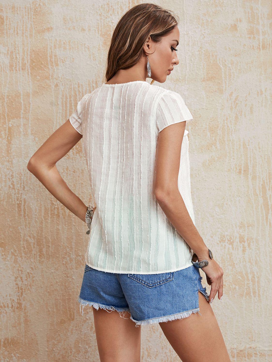 Tie Neck Ruffled Short Sleeve Blouse BLUE ZONE PLANET