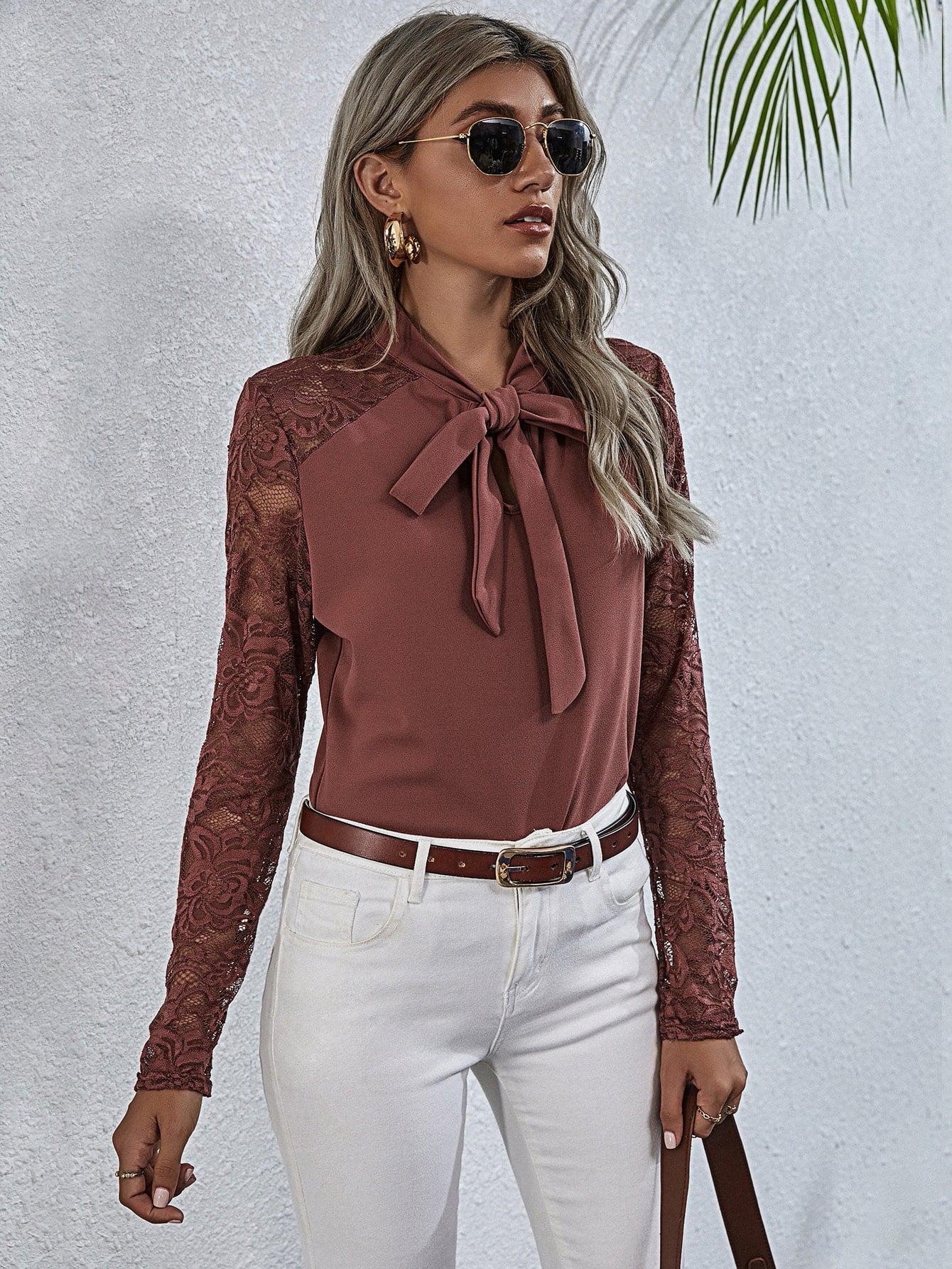 Tie Neck Spliced Lace Long Sleeve Top BLUE ZONE PLANET