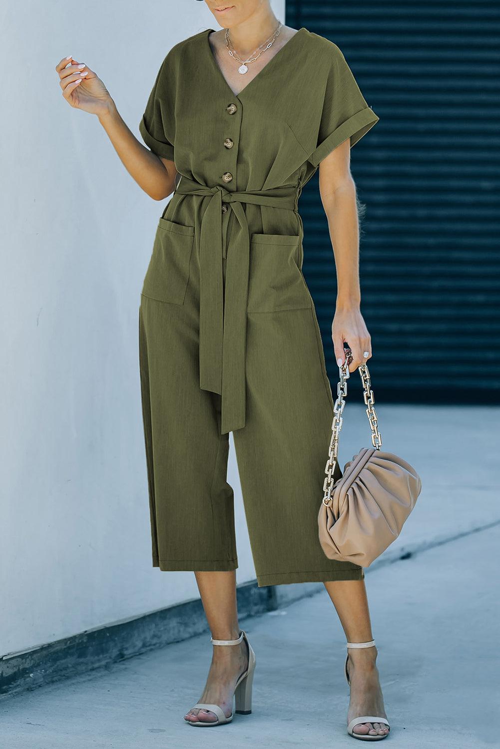 Tie-Waist Buttoned Cropped Jumpsuit BLUE ZONE PLANET