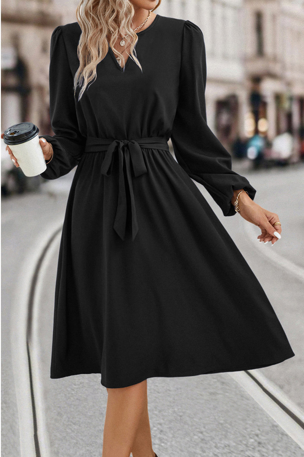 Tie Waist Notched Neck Long Sleeve Dress BLUE ZONE PLANET