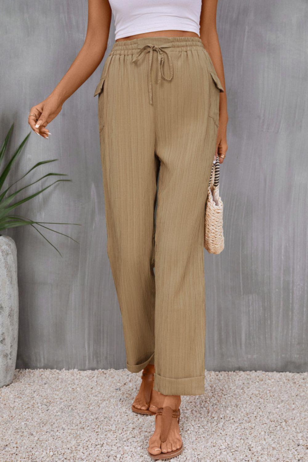 Tie Waist Pocketed Long Pants BLUE ZONE PLANET
