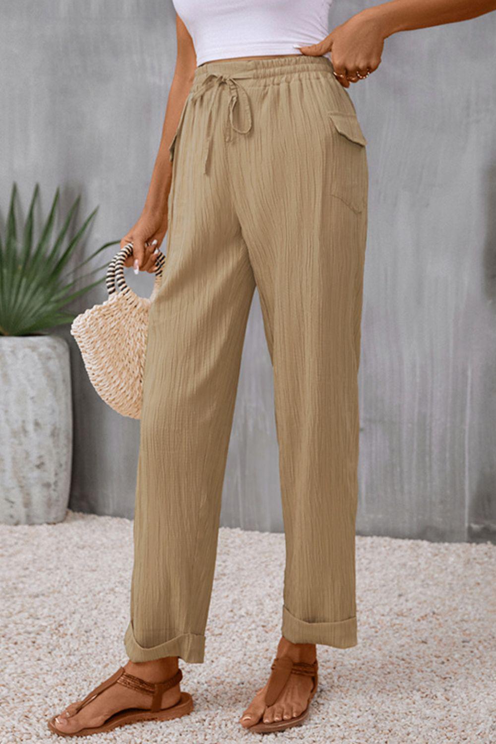 Tie Waist Pocketed Long Pants BLUE ZONE PLANET