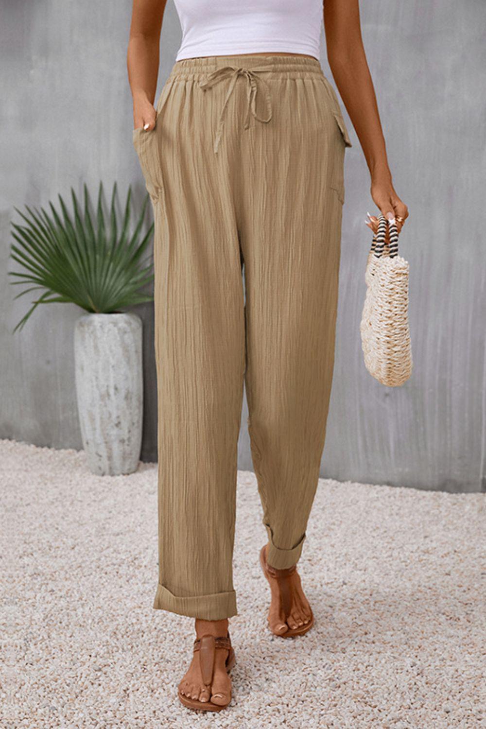 Tie Waist Pocketed Long Pants BLUE ZONE PLANET