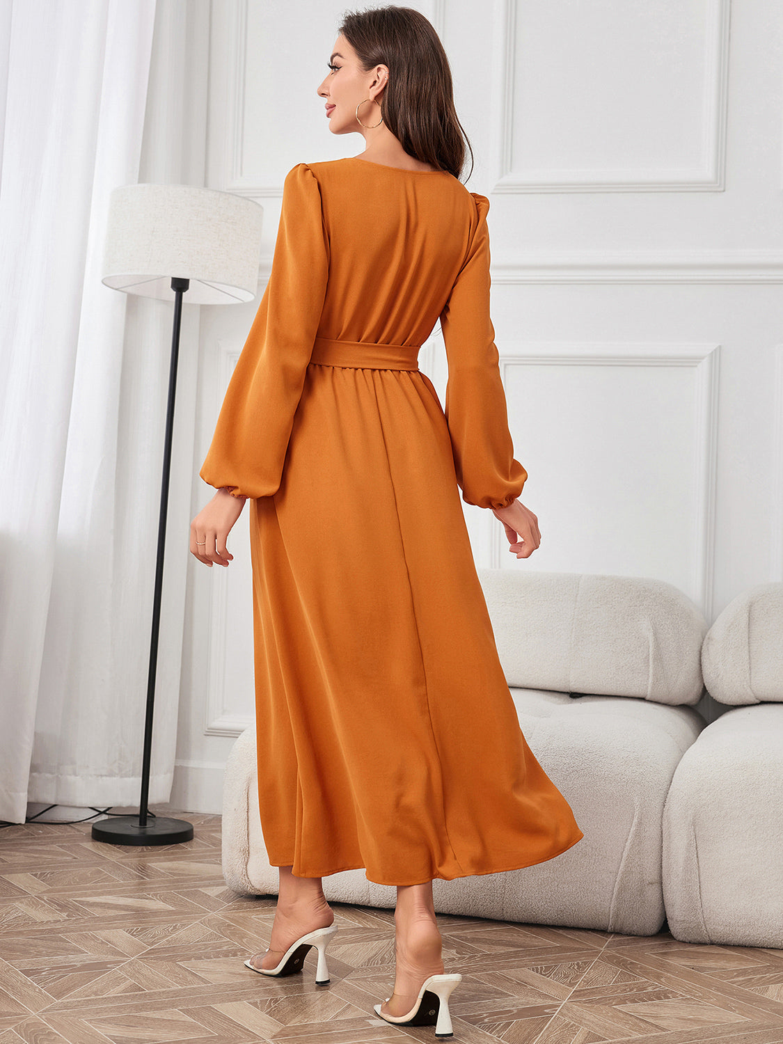 Tie Waist Puff Sleeve Maxi Dress BLUE ZONE PLANET