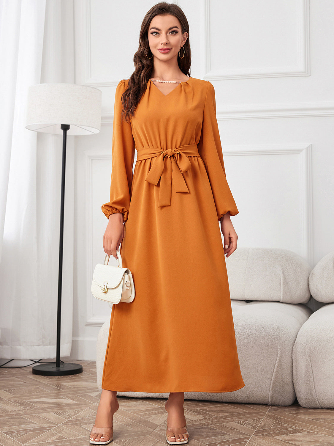 Tie Waist Puff Sleeve Maxi Dress BLUE ZONE PLANET