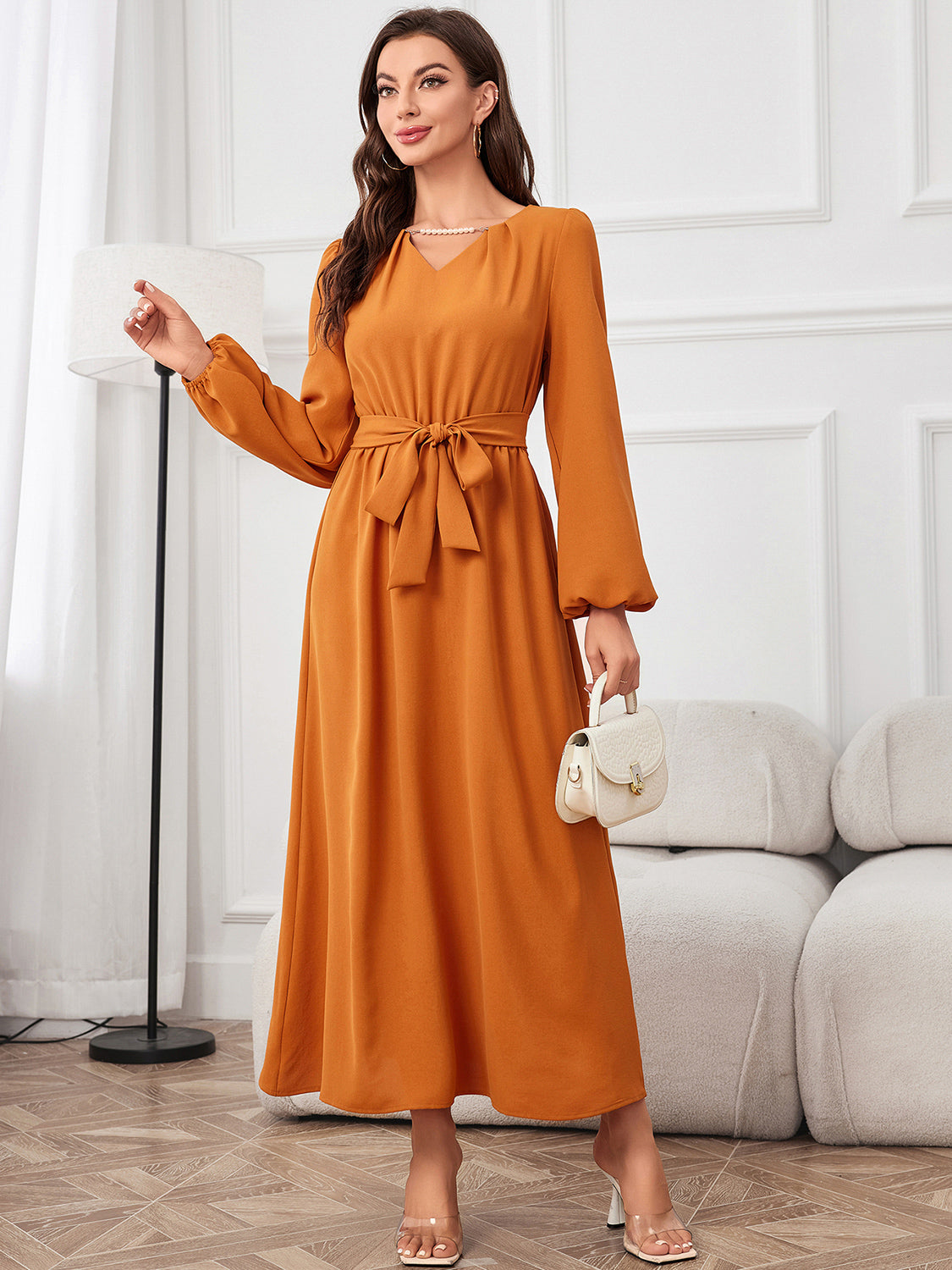 Tie Waist Puff Sleeve Maxi Dress BLUE ZONE PLANET