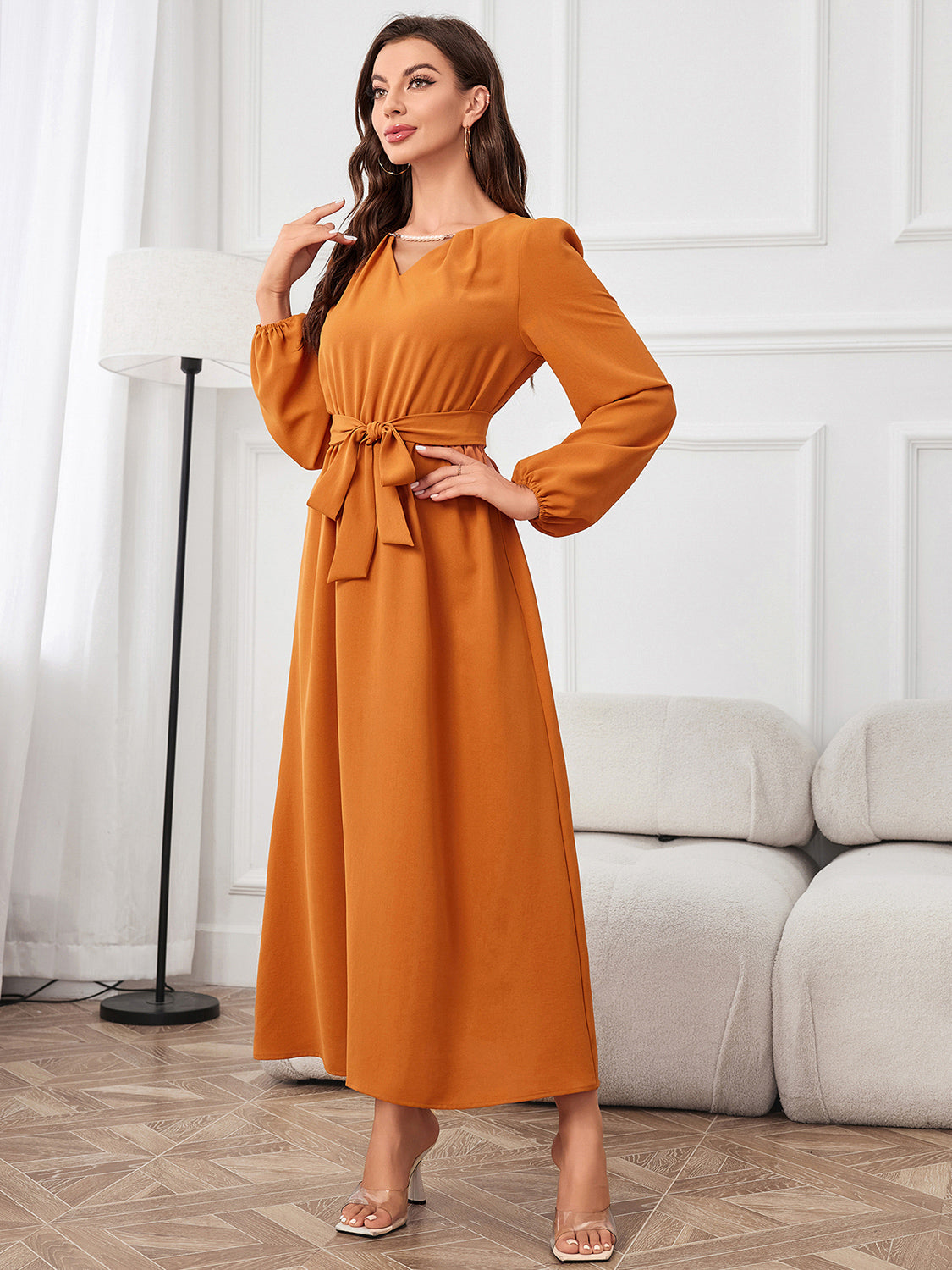 Tie Waist Puff Sleeve Maxi Dress BLUE ZONE PLANET