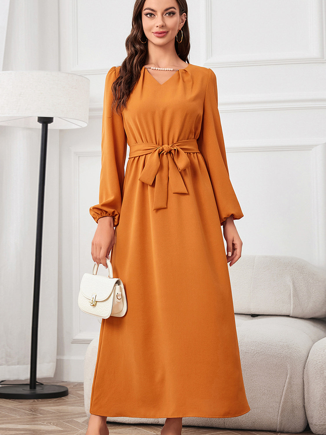 Tie Waist Puff Sleeve Maxi Dress BLUE ZONE PLANET